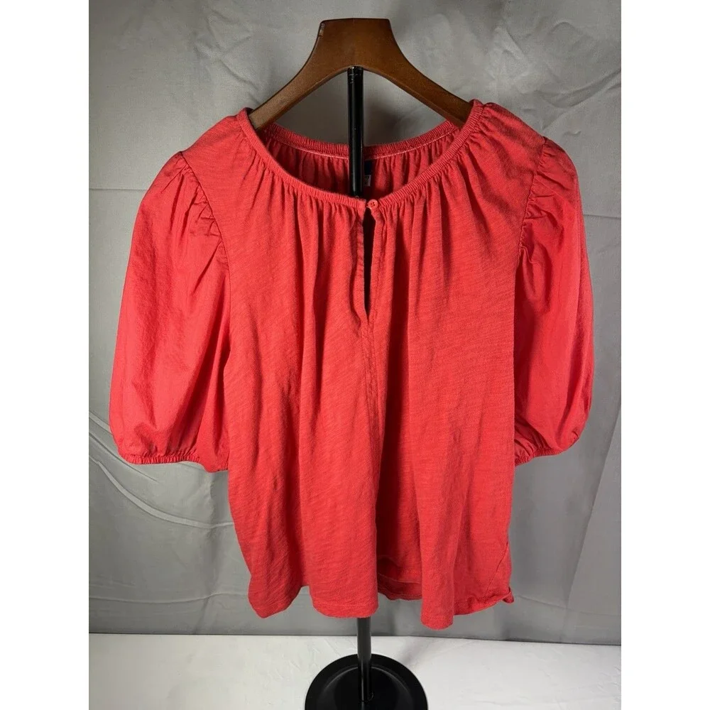 Old Navy Womens Large Red Cotton Slub Puff Sleeve Keyhole Blouse Top